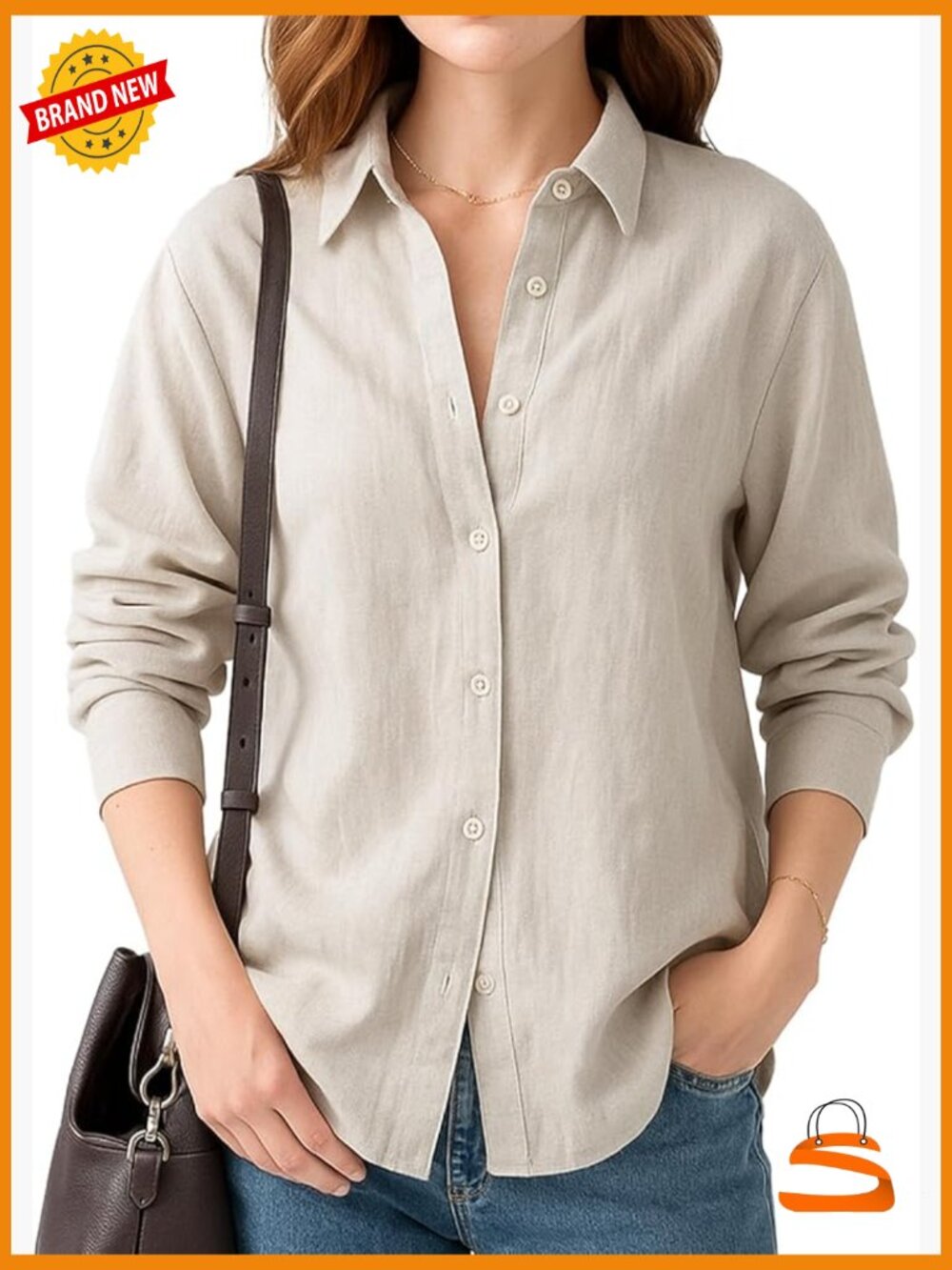 Oversized Linen Button Down Shirt V-Neck Long Sleeve Casual Office